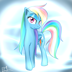 Size: 633x633 | Tagged: dead source, safe, artist:reikomuffin, character:rainbow dash, species:pegasus, species:pony, g4, abstract background, alternate hairstyle, bedroom eyes, female, long mane, looking at you, mare, smiling, solo