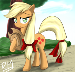 Size: 1248x1194 | Tagged: dead source, safe, artist:reikomuffin, character:applejack, species:earth pony, species:pony, g4, clothing, cowboy hat, female, hair bow, hat, looking at you, mare, raised hoof, solo, stetson, tail bow