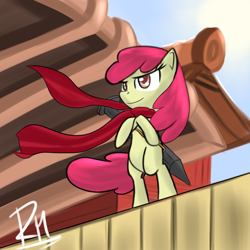 Size: 1000x1000 | Tagged: dead source, safe, artist:reikomuffin, character:apple bloom, species:earth pony, species:pony, g4, bang shishigami, bipedal, blazblue, clothing, crossover, female, filly, scarf, solo