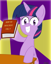 Size: 1696x2108 | Tagged: safe, artist:senx, character:twilight sparkle, book, female, grin, hoof hold, looking at you, poni, smiling, solo, squee, wide eyes