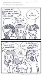 Size: 600x1065 | Tagged: safe, artist:naroclie, character:applejack, character:fluttershy, character:pinkie pie, character:rainbow dash, character:rarity, character:twilight sparkle, animal, ask, ask the mane six, comic, dialogue, hilarious in hindsight, speech bubble, tumblr