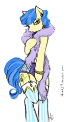 Size: 492x900 | Tagged: safe, artist:tt-n, character:sapphire shores, species:earth pony, species:pony, bipedal, clothing, covering, feather boa, female, frilly underwear, mare, panties, purple underwear, semi-anthro, simple background, solo, underwear