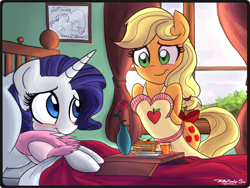 Size: 1454x1091 | Tagged: safe, artist:willisninety-six, character:applejack, character:rarity, character:sweetie belle, species:earth pony, species:pony, species:unicorn, ship:rarijack, apron, bathrobe, bed, blushing, breakfast, breakfast in bed, clothing, cute, dawwww, female, freckles, heartwarming, hnnng, jackabetes, lesbian, looking at each other, mare, pancakes, raribetes, rose, shipping, sick, smiling, sweet dreams fuel, willisninety-six is trying to kill us, willisninety-six is trying to murder us