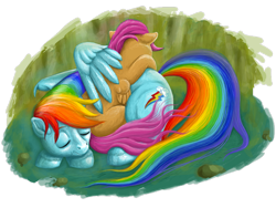 Size: 800x600 | Tagged: safe, artist:gor1ck, character:rainbow dash, character:scootaloo, species:pegasus, species:pony, scootalove, sleeping