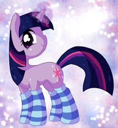 Size: 700x760 | Tagged: dead source, safe, artist:xnightmelody, character:twilight sparkle, character:twilight sparkle (unicorn), species:pony, species:unicorn, abstract background, adobe imageready, clothing, female, glowing horn, mare, socks, solo, stars, striped socks