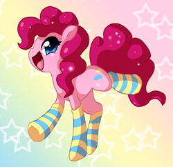 Size: 800x773 | Tagged: dead source, safe, artist:xnightmelody, character:pinkie pie, species:earth pony, species:pony, g4, abstract background, adobe imageready, clothing, cute, diapinkes, female, happy, mare, open mouth, profile, socks, solo, stars, striped socks