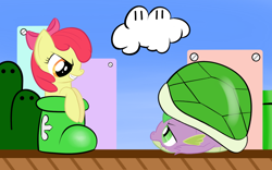 Size: 960x600 | Tagged: safe, artist:hip-indeed, character:apple bloom, character:spike, crossover, evil, goomba's shoe, koopa shell, smirk, super mario bros., super mario bros. 3