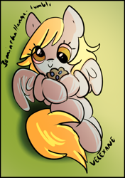 Size: 644x916 | Tagged: safe, artist:velexane, character:derpy hooves, species:pegasus, species:pony, 30 minute art challenge, c:, chibi, cute, derpabetes, female, hoof hold, mare, muffin, smiling, solo, spread wings, wings