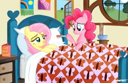 Size: 1680x1086 | Tagged: safe, artist:willisninety-six, character:fluttershy, character:pinkie pie, bed, caring for the sick, cold, feeding, sick, soup