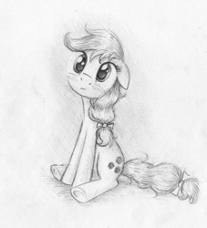 Size: 824x906 | Tagged: safe, artist:magfen, character:applejack, blushing, female, floppy ears, looking at you, monochrome, sitting, smiling, solo, traditional art, underhoof