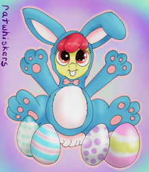 Size: 500x577 | Tagged: safe, artist:ratwhiskers, character:apple bloom, bunny bloom, bunny costume, clothing, easter, easter bunny, easter egg, palindrome get, paw gloves, paw prints