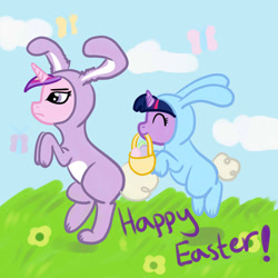 Size: 894x894 | Tagged: safe, artist:kuromi, character:princess cadance, character:twilight sparkle, bunny costume, clothing, easter, filly twilight sparkle
