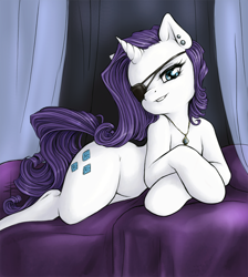 Size: 808x900 | Tagged: safe, artist:tt-n, character:rarity, species:pony, species:unicorn, eyepatch, female, looking at you, lying down, mare, necklace, seductive, sexy, solo