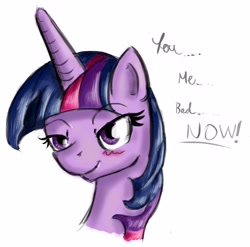 Size: 3560x3521 | Tagged: safe, artist:asadama, character:twilight sparkle, bedroom eyes, female, horny, implied sex, portrait, simple background, smiling, solo, you. me. x. now.