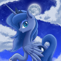 Size: 3000x3000 | Tagged: safe, artist:steffy-beff, character:princess luna, species:alicorn, species:pony, cloud, female, full moon, looking at you, looking back, looking back at you, mare, moon, night, night sky, raised hoof, rear view, sky, solo, starry night