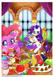 Size: 848x1190 | Tagged: safe, artist:kaliptro, character:pinkie pie, character:rarity, character:twilight sparkle, cake, candy, chair, food, lollipop, magic, micro, simple background, sitting, table, tea, teacup, telekinesis, trio, white background