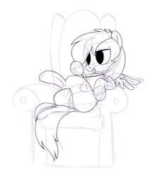 Size: 700x800 | Tagged: safe, artist:lazy, character:rainbow dash, ask, ask dashed rainbow, book, chair, female, monochrome, sketch, solo, tumblr, wip