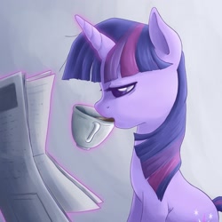Size: 3000x3000 | Tagged: safe, artist:steffy-beff, character:twilight sparkle, coffee, cup, drink, drinking, female, magic, newspaper, reading, sipping, solo