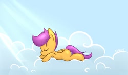 Size: 703x416 | Tagged: safe, artist:mrsremi, character:scootaloo, species:pegasus, species:pony, blank flank, cloud, cloudy, crepuscular rays, cute, cutealoo, eyes closed, female, filly, nap, sky, sleeping, solo