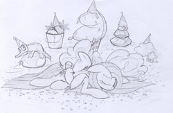 Size: 2480x1616 | Tagged: safe, artist:skutchi, character:gummy, character:pinkamena diane pie, character:pinkie pie, after party, balloon, bucket, duality, grayscale, madame leflour, monochrome, mr. turnip, pony pile, rocky, sketch, traditional art