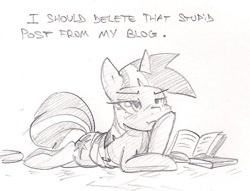 Size: 737x562 | Tagged: safe, artist:skutchi, character:twilight sparkle, bandage, book, dialogue, female, grayscale, prone, sketch, solo, traditional art