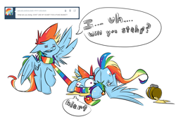 Size: 1500x1014 | Tagged: safe, artist:cider, character:rainbow dash, species:pegasus, species:pony, ask cider dash, cider, clothing, dialogue, just ask rainbow dash, scarf, speech bubble, vomit