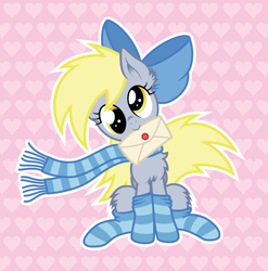 Size: 6000x6084 | Tagged: safe, artist:agamnentzar, character:derpy hooves, absurd resolution, bow, chest fluff, clothing, cute, dawwww, derpabetes, filly, fluffy, hnnng, letter, mail, mouth hold, scarf, socks, striped socks, vector