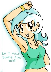 Size: 635x900 | Tagged: safe, artist:quarium, character:lyra heartstrings, species:human, armpits, belly button, bronybait, clothing, cute, female, humanized, lyrabetes, short shirt, simple background, smiling, solo, white background