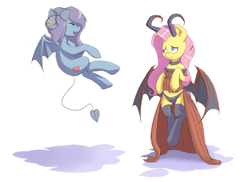 Size: 800x583 | Tagged: safe, artist:jalm, character:fluttershy, oc, oc:frankie, bat wings, blushing, clothing, costume, eyes closed, female, flying, midriff, monster pony, panties, spaded tail, succubus, underwear