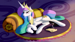 Size: 3692x2096 | Tagged: safe, artist:ookamithewolf1, character:princess celestia, drink, female, pillow, scroll, solo, wine, wine glass