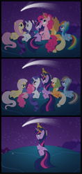 Size: 5000x10623 | Tagged: safe, artist:agamnentzar, artist:tim015, character:applejack, character:fluttershy, character:pinkie pie, character:rainbow dash, character:rarity, character:twilight sparkle, character:twilight sparkle (alicorn), species:alicorn, species:earth pony, species:pegasus, species:pony, species:unicorn, absurd resolution, accessory swap, big crown thingy, blanket, bonnet, comet, comic, crying, element of magic, ethereal mane, feels, female, frown, galaxy mane, glasses, hill, immortality blues, implied death, jewelry, lidded eyes, looking back, looking up, mare, mouth hold, night, older, open mouth, pinkie being pinkie, plot, prone, regalia, sad, sitting, sky, smiling, stars, tearjerker, twilight will outlive her friends