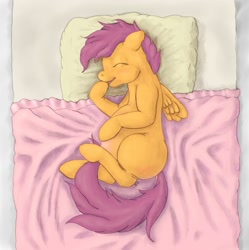 Size: 1280x1286 | Tagged: safe, artist:ratwhiskers, character:scootaloo, species:pegasus, species:pony, abdominal bulge, ask pregnant scootaloo, bed, cute, female, filly, pillow, pregnant, pregnant scootaloo, solo, teen pregnancy