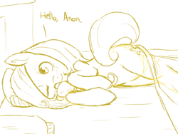 Size: 700x525 | Tagged: safe, artist:jalm, character:fluttershy, oc, oc:anon, species:pegasus, species:pony, bed, female, mare, monochrome, offscreen character, on side, one eye closed, solo