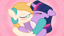 Size: 1920x1080 | Tagged: safe, artist:bri-sta, artist:zutheskunk traces, character:twilight sparkle, oc, oc:sunset rose, blushing, canon x oc, female, kissing, lesbian, shipping, vector, vector trace, wallpaper