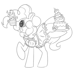 Size: 500x500 | Tagged: safe, artist:ponycide, character:pinkie pie, balance, balancing, cake, clothing, cupcake, dress, food, heart eyes, lineart, ponies balancing stuff on their nose, wingding eyes