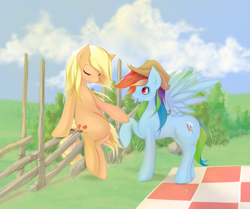 Size: 1387x1160 | Tagged: safe, artist:v-invidia, character:applejack, character:rainbow dash, ship:appledash, accessory swap, clothing, cloud, cloudy, female, fence, hat, lesbian, shipping, sitting