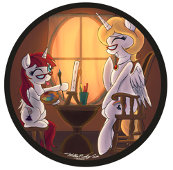 Size: 1419x1393 | Tagged: safe, artist:willisninety-six, oc, oc:bonniecorn, oc:fausticorn, species:alicorn, species:pony, alicorn oc, bonnie zacherle, canvas, female, filly, glasses, horn, lauren faust, mare, paint, paintbrush, ponified, tongue out, wings
