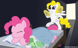Size: 2560x1600 | Tagged: safe, artist:adiwan, character:gummy, character:pinkie pie, character:surprise, species:earth pony, species:pegasus, species:pony, newbie artist training grounds, g1, bed, blanket, crocodile, cymbals, female, g1 to g4, generation leap, incoming prank, mare, photoshop, prank, pure unfiltered evil, sleeping, this will end in tears, trio, wallpaper, you monster