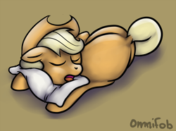 Size: 1280x953 | Tagged: safe, artist:omnifob, character:applejack, cute, dock, eyes closed, female, floppy ears, on side, open mouth, sleeping, solo