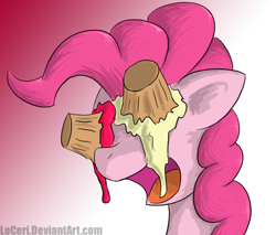 Size: 946x805 | Tagged: safe, artist:loceri, character:pinkie pie, species:earth pony, species:pony, blind, bust, cupcake, female, gradient background, mare, open mouth, photoshop, portrait, screaming, solo
