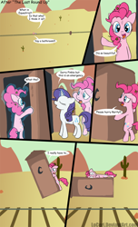 Size: 800x1315 | Tagged: safe, artist:loceri, character:pinkie pie, character:rarity, species:earth pony, species:pony, species:unicorn, episode:slice of life, episode:the last roundup, g4, my little pony: friendship is magic, comic, desperation, dialogue, dirty, female, floppy ears, frown, levitation, magic, mare, messy mane, need to pee, omorashi, open mouth, outhouse, photoshop, potty emergency, potty time, smiling, telekinesis, this will end in death, this will end in tears, this will end in tears and/or death, toilet humor, wide eyes