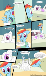 Size: 800x1315 | Tagged: safe, artist:loceri, character:rainbow dash, species:pegasus, species:pony, episode:read it and weep, episode:slice of life, g4, my little pony: friendship is magic, bandage pony, bed, comic, confession, crying, dialogue, female, hard knocks, hospital, injured, male, mare, photoshop, rough tumble, stallion
