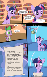 Size: 800x1315 | Tagged: safe, artist:loceri, character:spike, character:twilight sparkle, character:twilight sparkle (unicorn), species:dragon, species:pony, species:unicorn, episode:slice of life, g4, my little pony: friendship is magic, comic, dialogue, dragon mail, female, fire, golden oaks library, harsher in hindsight, letter, library, male, mare, photoshop, scroll, twilight is not amused, unamused