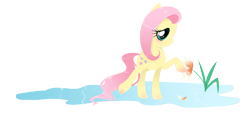 Size: 1996x900 | Tagged: safe, artist:steffy-beff, character:fluttershy, species:pegasus, species:pony, female, flower, folded wings, looking at something, mare, profile, raised hoof, reaching, simple background, solo, transparent background, water, wings