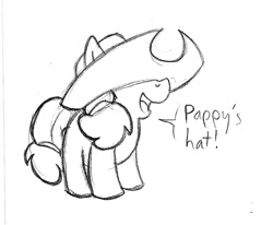 Size: 815x673 | Tagged: safe, artist:elosande, character:applejack, applejack's hat, clothing, female, filly, foal, hat, monochrome, solo, traditional art