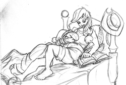 Size: 1000x676 | Tagged: safe, artist:elosande, character:apple bloom, character:applejack, barefoot, bed, duo, feet, humanized, monochrome, reading, traditional art