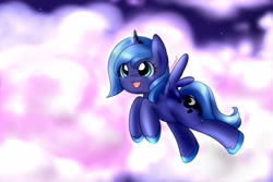 Size: 3000x2000 | Tagged: safe, artist:mrsremi, character:princess luna, species:alicorn, species:pony, cloud, female, filly, flying, night, night sky, open mouth, pink cloud, sky, smiling, solo, spread wings, wings, woona