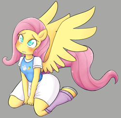 Size: 1280x1246 | Tagged: safe, artist:basketgardevoir, character:fluttershy, species:anthro, species:unguligrade anthro, ambiguous facial structure, blushing, breasts, clothing, cute, delicious flat chest, female, flattershy, flutterthighs, leg warmers, skirt, solo
