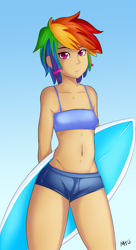 Size: 1041x1920 | Tagged: safe, artist:leslers, artist:miketheuser, character:rainbow dash, species:human, belly button, breasts, colored, cute, dashabetes, delicious flat chest, female, humanized, rainbow flat, solo, surfboard