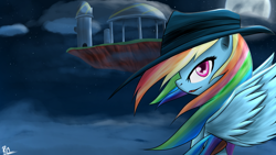 Size: 1920x1080 | Tagged: dead source, safe, artist:reikomuffin, character:rainbow dash, species:pegasus, species:pony, g4, clothing, cloud, cloudy, female, floating island, hat, mare, moon, night, profile, sky, solo, stars, wallpaper